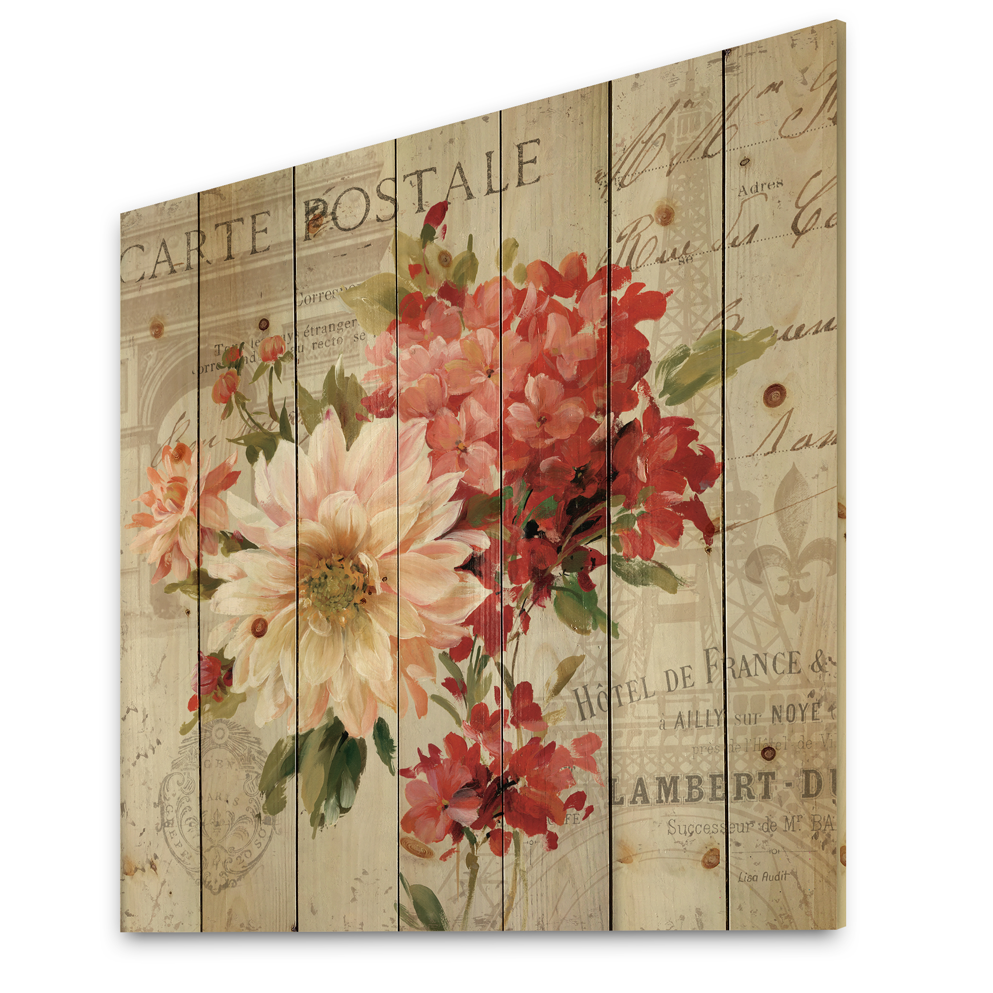 Designart 'Vintage Postcard with Red Flowers I' Traditional Print on Natural Pine Wood
