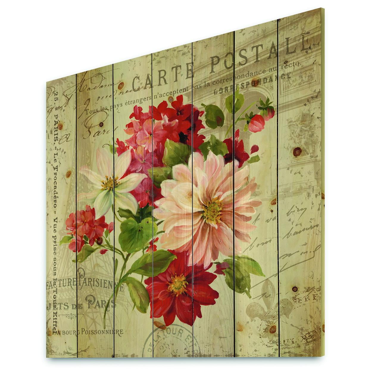 Designart 'Vintage Postcard with Red Flowers II' Farmhouse Print on Natural Pine Wood