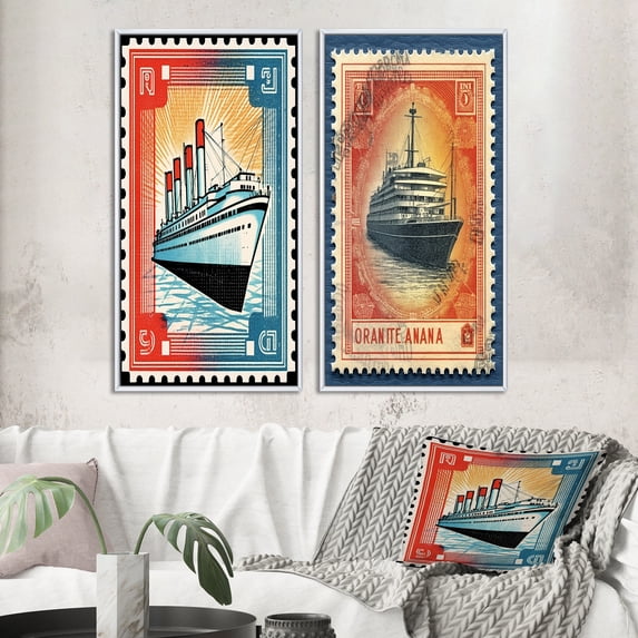Designart "Vintage RMS Titanic Postal Stamp I" Boat Framed Wall Art Set Of 2 - Modern Red Frame Gallery Set For Office Decor