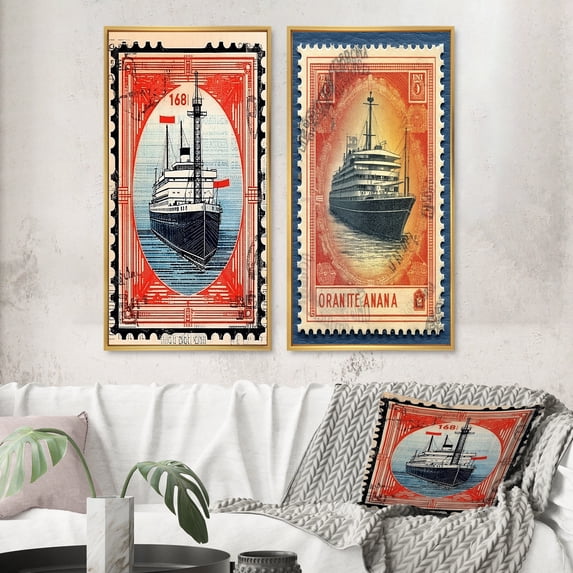 Designart "Vintage RMS Titanic Postal Stamp II" Boat Framed Wall Art Set Of 2 - Modern Red Framed Wall Art Set Of 2