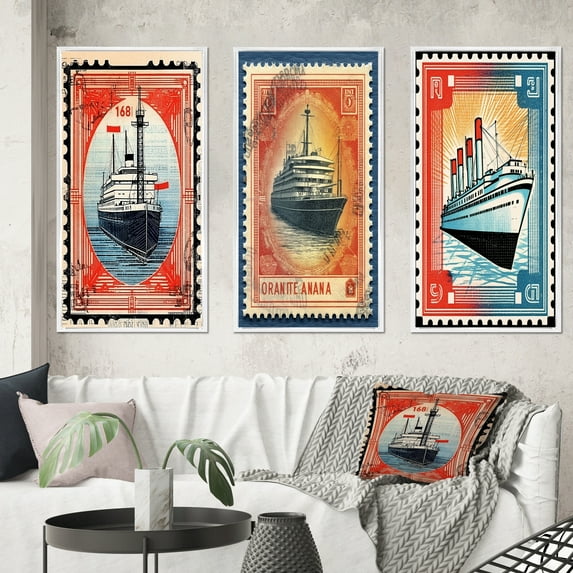 Designart "Vintage RMS Titanic Postal Stamp II" Boat Framed Wall Art Set Of 3 - Red Modern Frame Gallery Wall Set For Home Decor