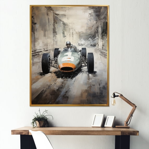 Designart "Vintage Race Car Tracks in Grey I" Architecture Framed Wall Art - Modern Grey Race Tracks Living Room Framed Canvas Art