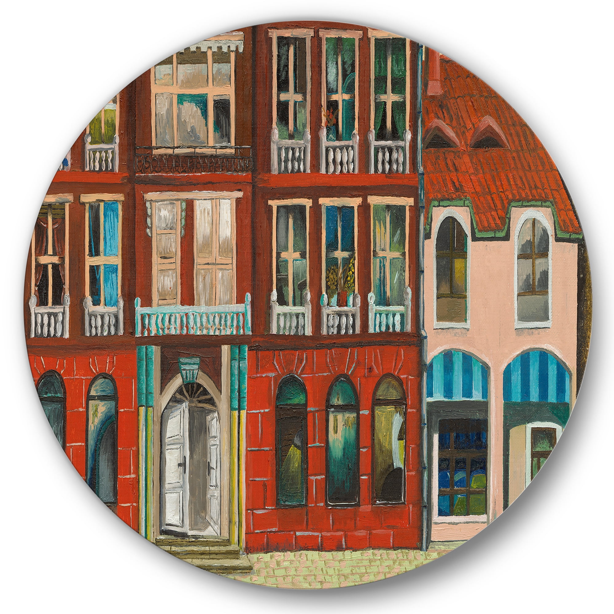 Designart 'Vintage Red Facade of Shop In Paris I' French Country Circle Metal Wall Art 11x11 - Disc of 11