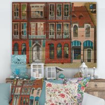 Designart 'Vintage Red Facade of Shop In Paris I' French Country Print on Natural Pine Wood