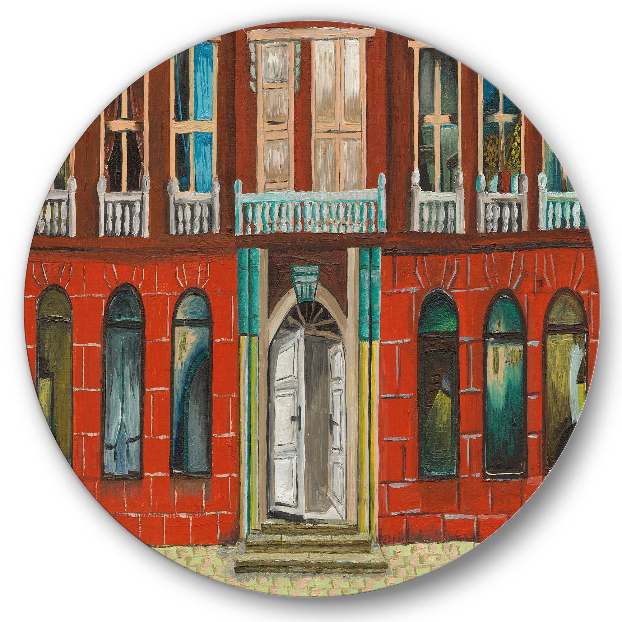 Designart 'Vintage Red Facade of Shop In Paris II' French Country Circle Metal Wall Art 36x36 - Disc of 36