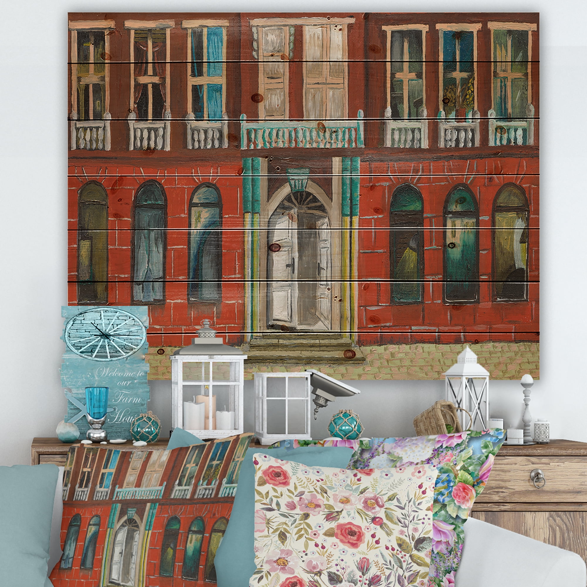 Designart 'Vintage Red Facade of Shop In Paris II' French Country Print on Natural Pine Wood