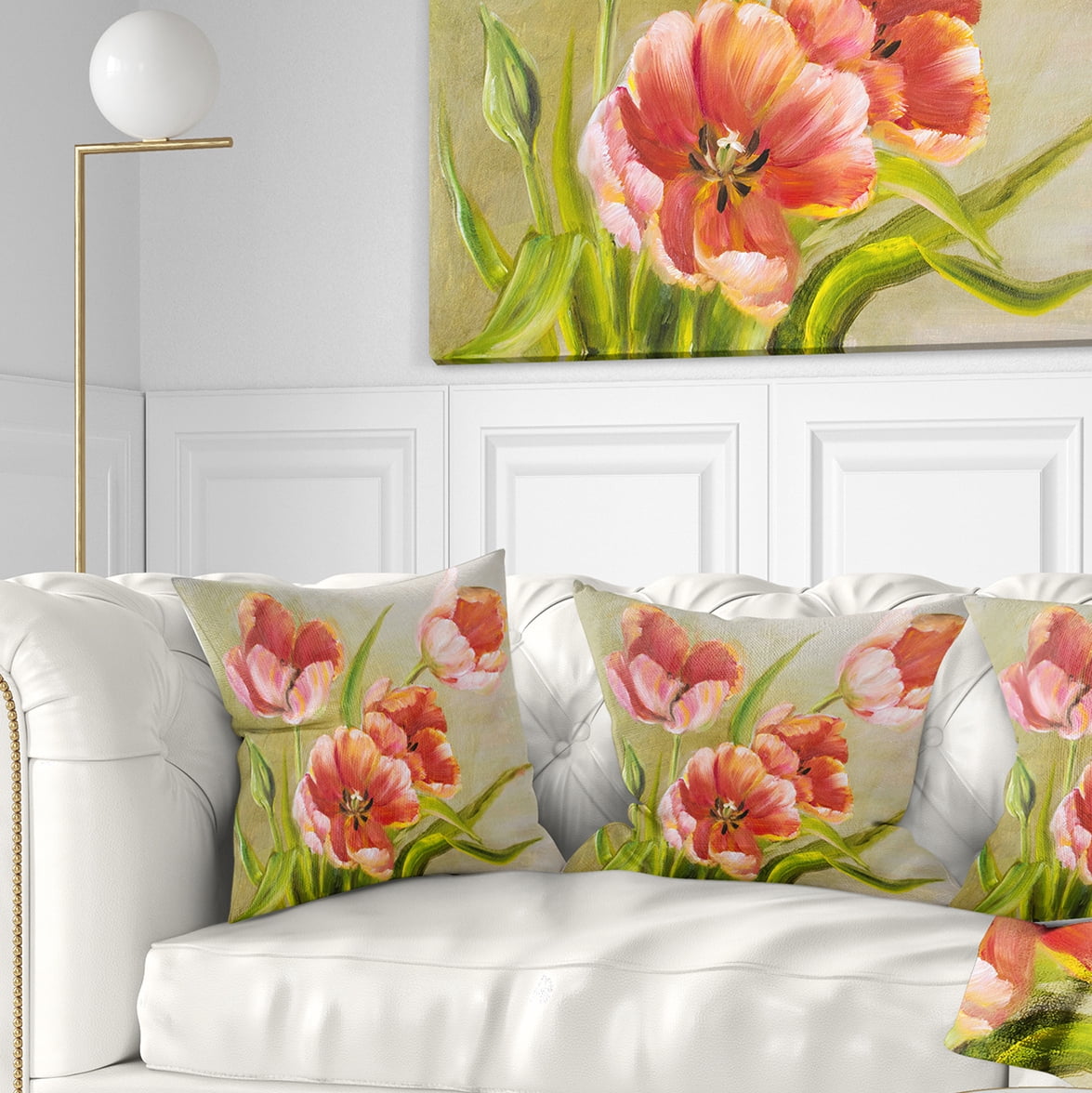 Designart Vintage Red Tulips - Floral Throw Pillow - 18x18