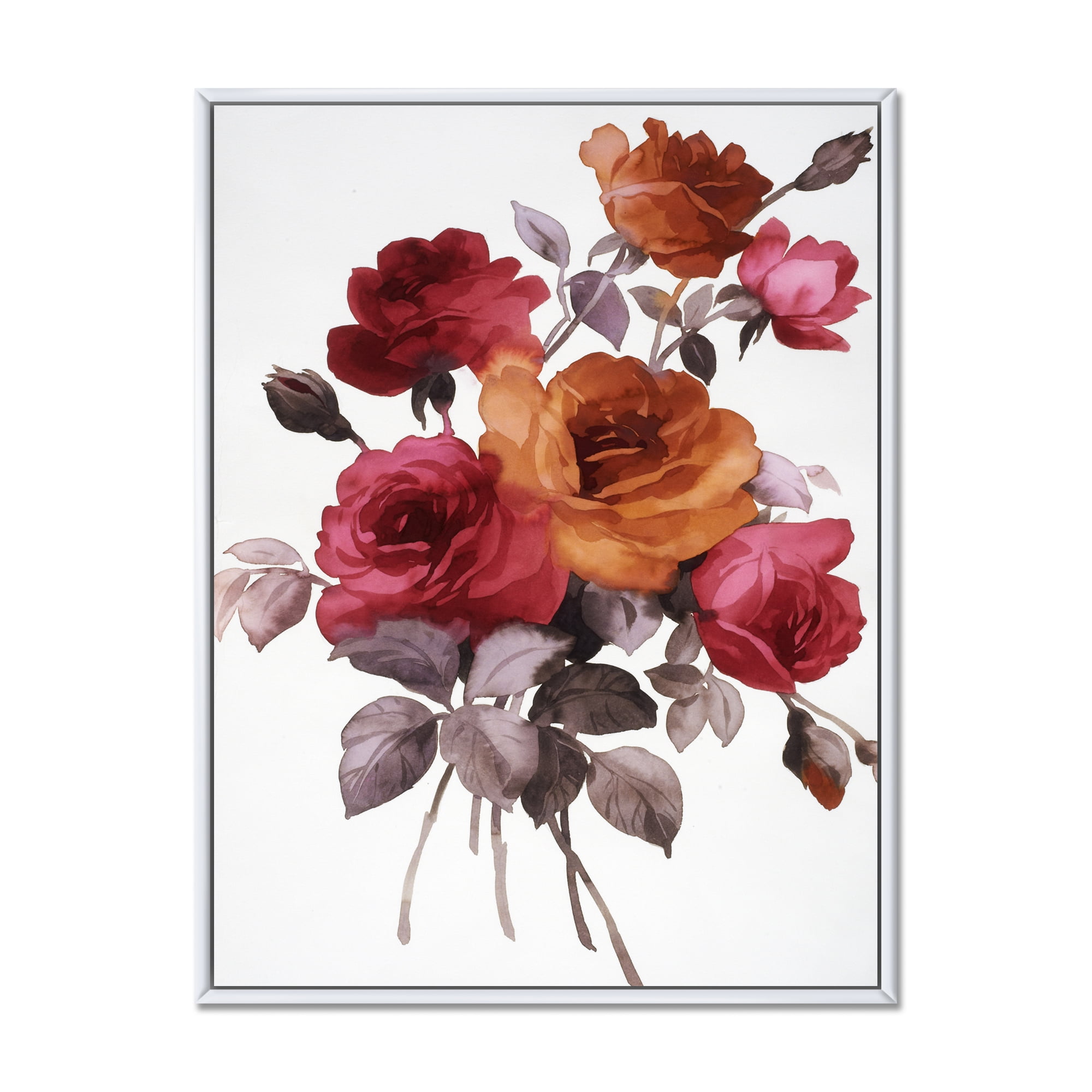 Designart 'Vintage Red and Orange Roses' Traditional Framed Canvas Wall Art Print