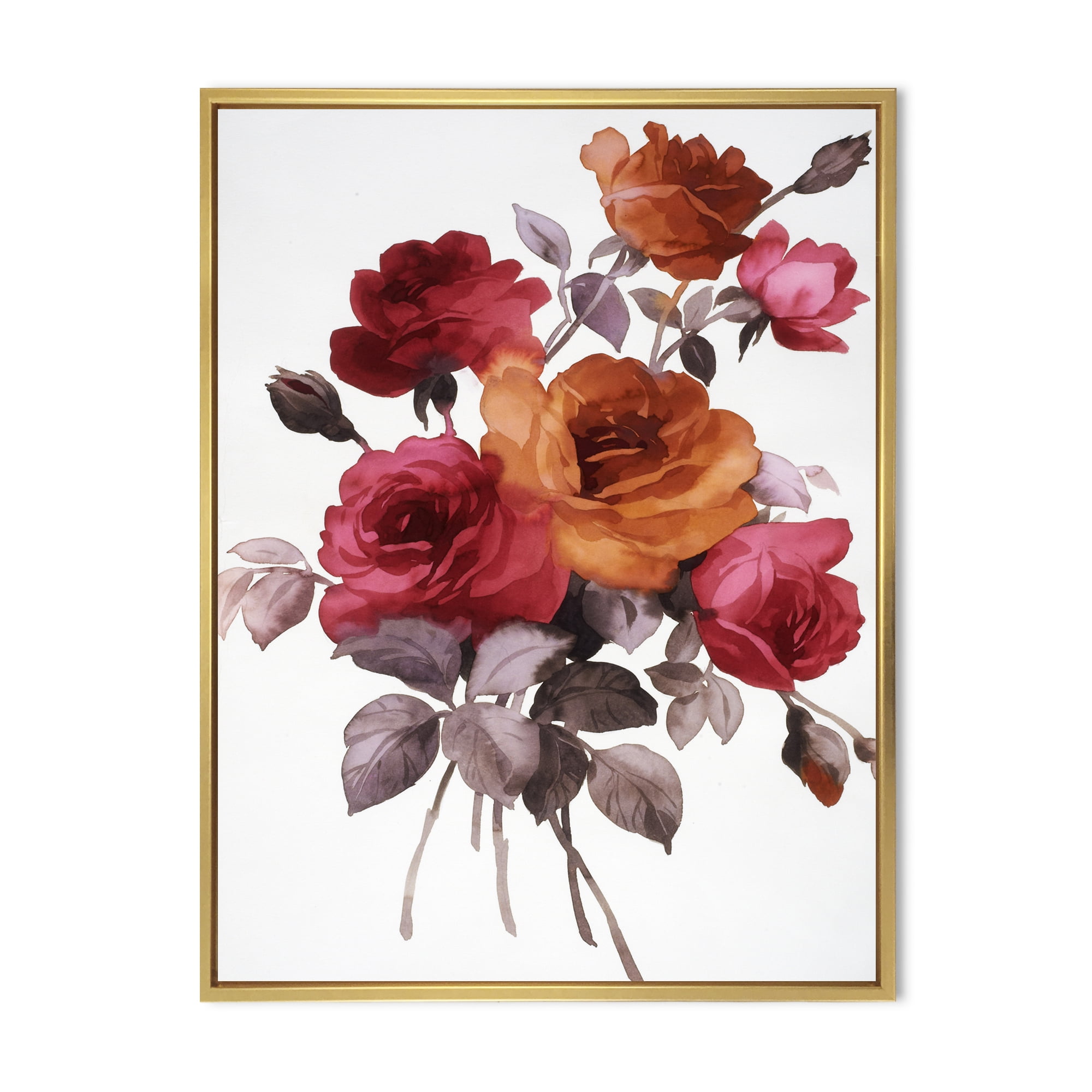 Designart 'Vintage Red and Orange Roses' Traditional Framed Canvas Wall Art Print