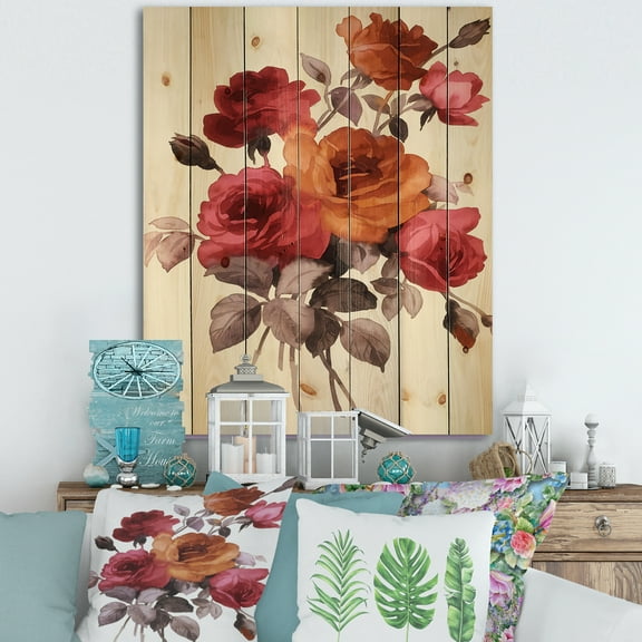 Designart 'Vintage Red and Orange Roses' Traditional Print on Natural Pine Wood