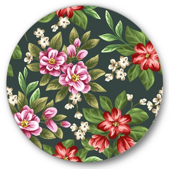 Designart 'Vintage Red and Pink Wildflowers I' Traditional Circle Metal Wall Art 23x23 - Disc of 23