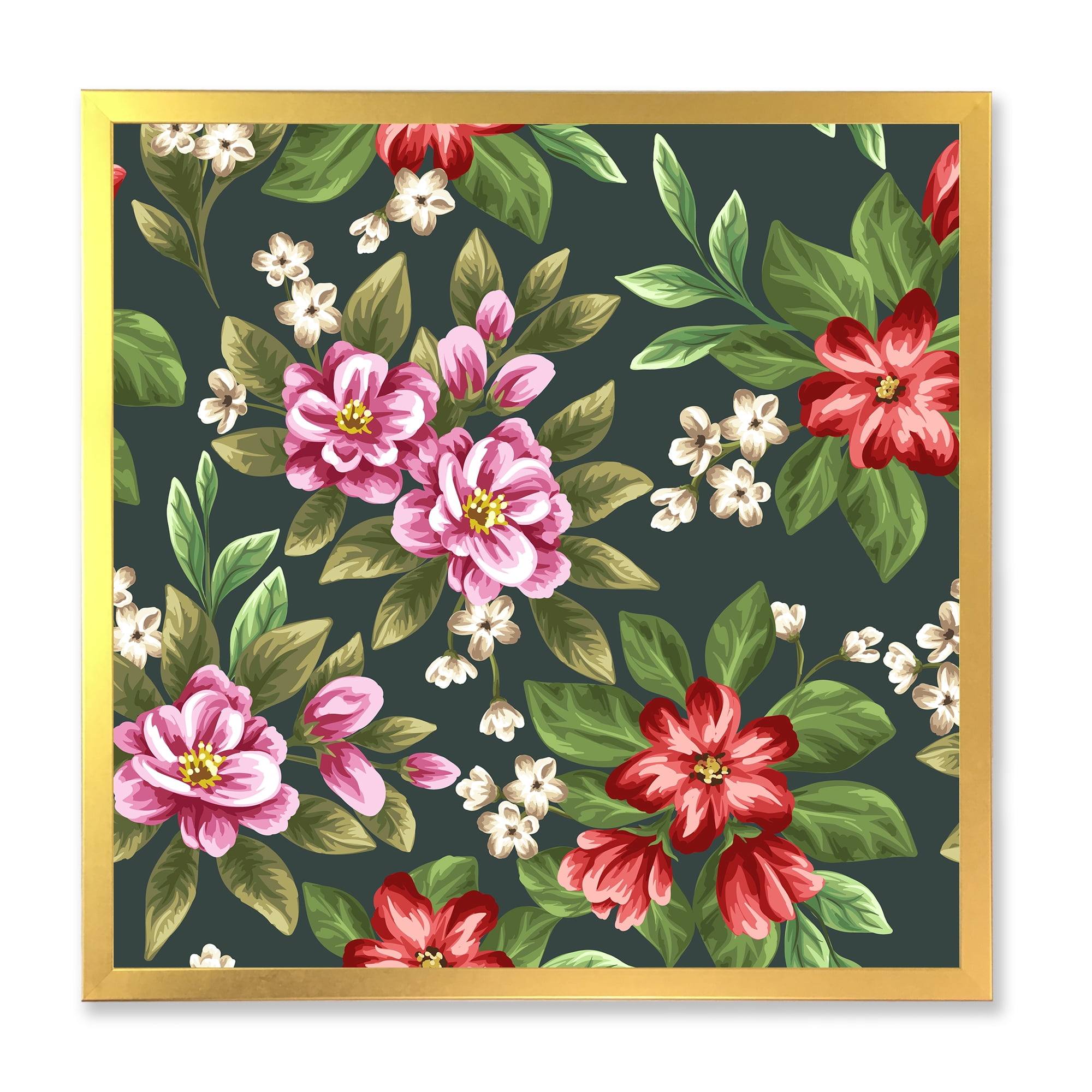 Designart 'Vintage Red and Pink Wildflowers I' Traditional Framed Art Print
