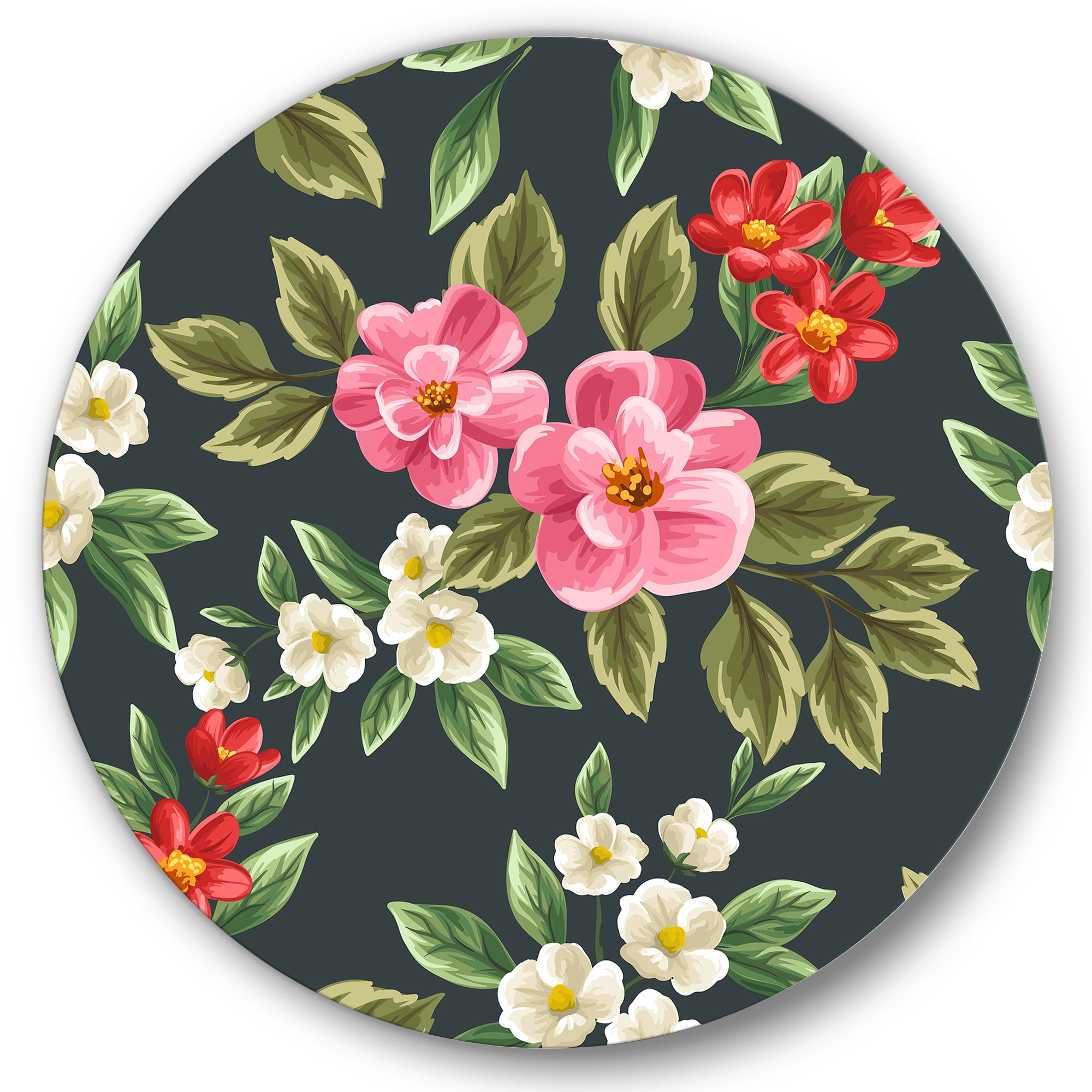 Designart 'Vintage Red and Pink Wildflowers II' Traditional Circle Metal Wall Art 23x23 - Disc of 23