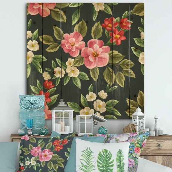 Designart 'Vintage Red and Pink Wildflowers II' Traditional Print on Natural Pine Wood