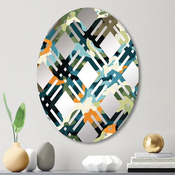 Designart "Vintage Renaissance V" Camouflage Plaid Round Wall Mirror - Oval Printed Decorative Mirror - Multiple Color Options
