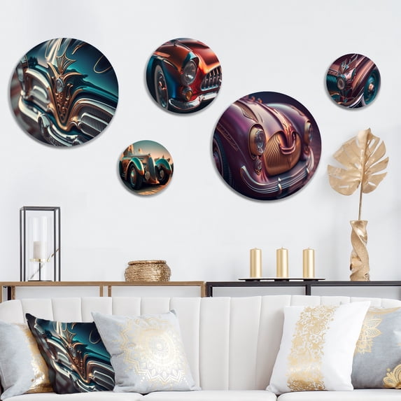 Designart "Vintage Retro Car During Golden Hour VI" Retro Car Metal Wall Art Set of 5 Piece