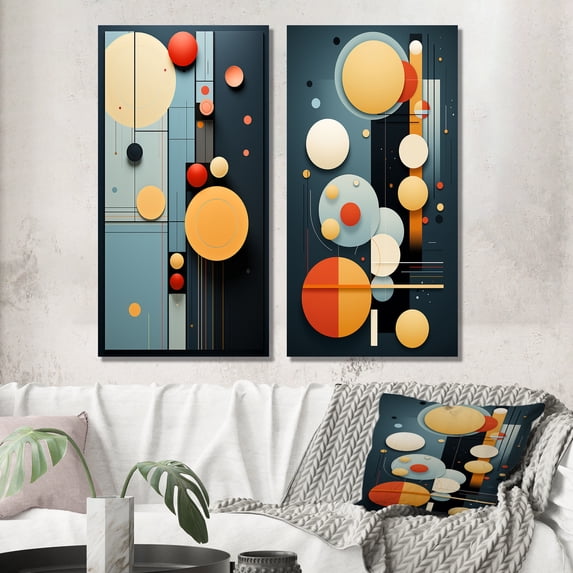 Designart "Vintage Retro Circles Minimalist Charm III" Modern Geometric Wall Art Set Of 2 - Modern Yellow Gallery Set For Office Decor
