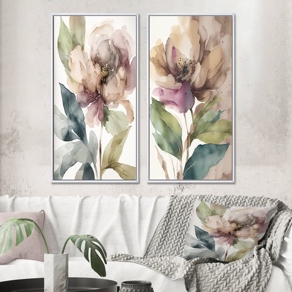 Designart "Vintage Retro Peony Blossoming Beauty I" Floral Peony Framed Wall Art Set Of 2 - Modern Brown Framed Wall Art Set Of 2