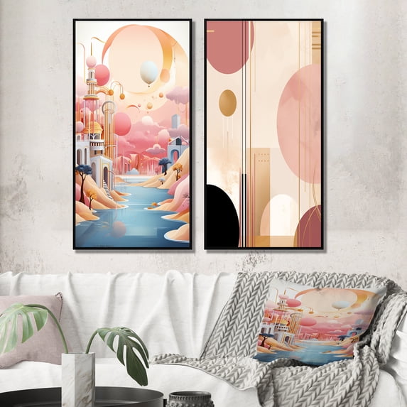 Designart "Vintage River Dreams Blue Pink Boho" Abstract Landscape Framed Wall Art Set Of 2 - Modern Pink Frame Gallery Set For Office Decor