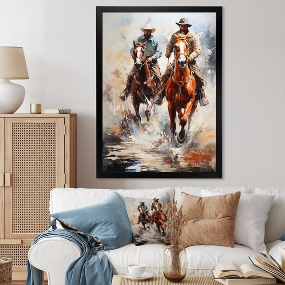 Designart "Vintage Rodeo Western Riders I" People Framed Wall Art - Southwestern Brown Cowboys Living Room Framed Canvas Art