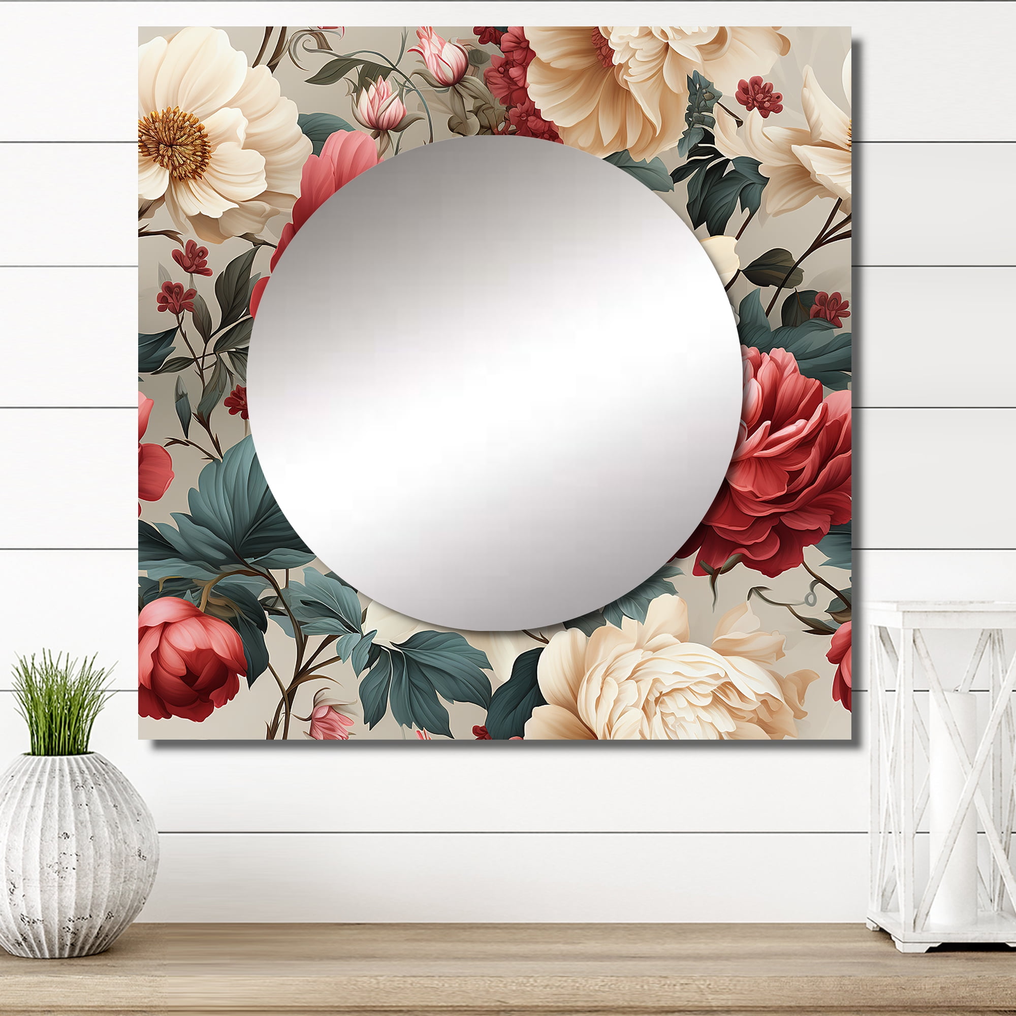 Antique Rose and Green Floral Square Mirror Wall Decor