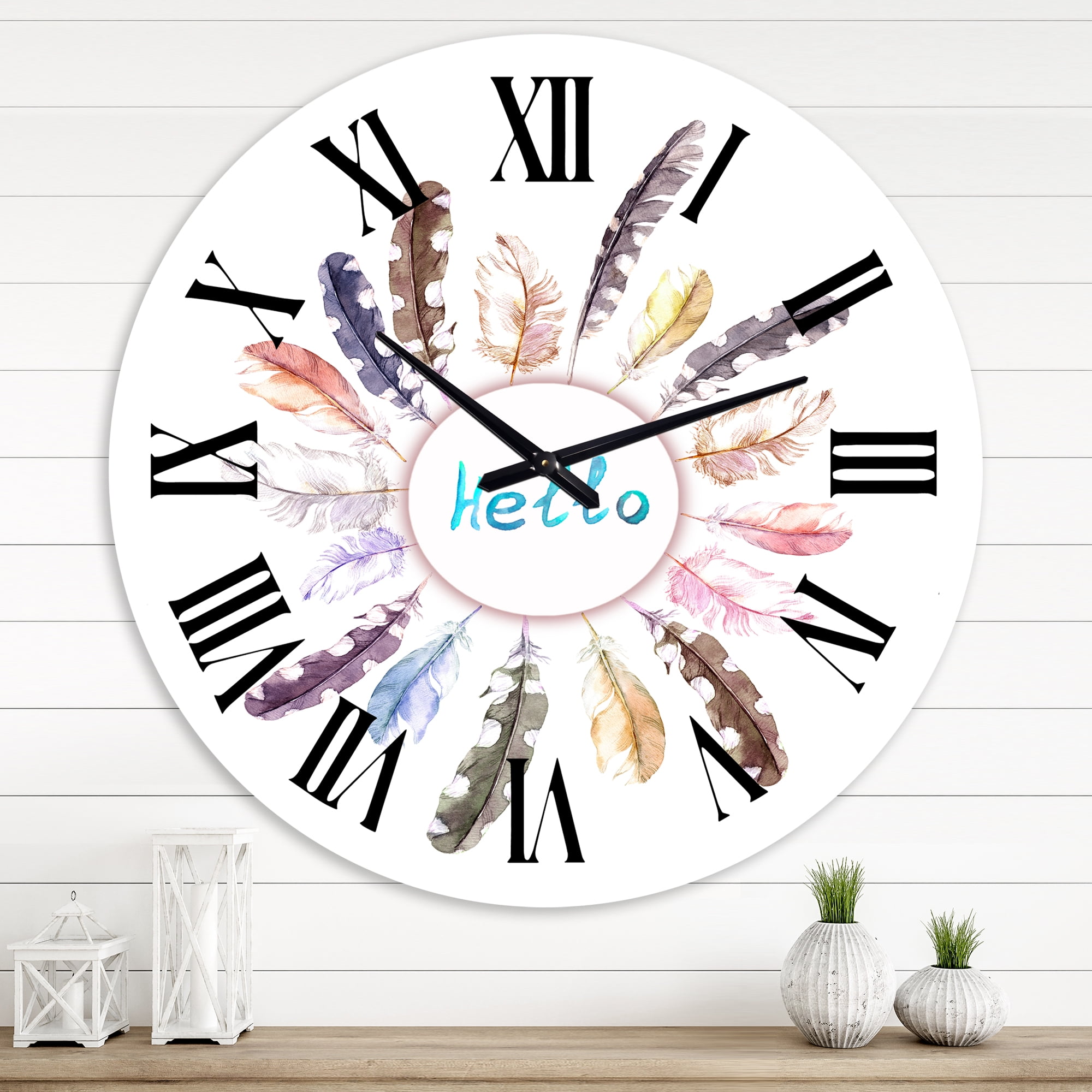 Designart 'Vintage Round Wreath With Birds Feathers' Bohemian & Eclectic Wall Clock