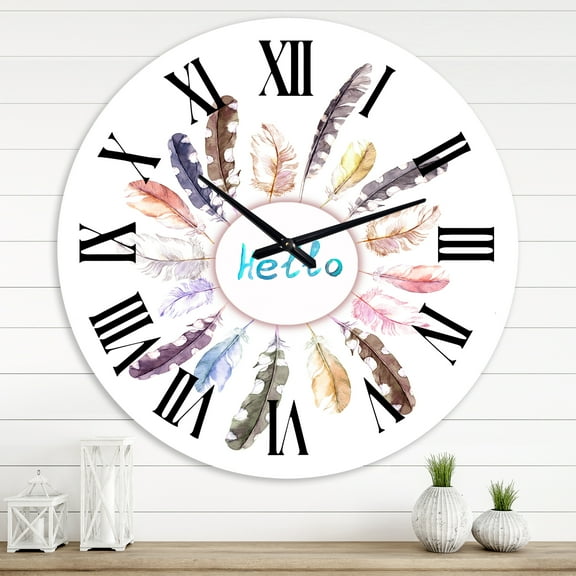 Designart 'Vintage Round Wreath With Birds Feathers' Bohemian & Eclectic Wall Clock