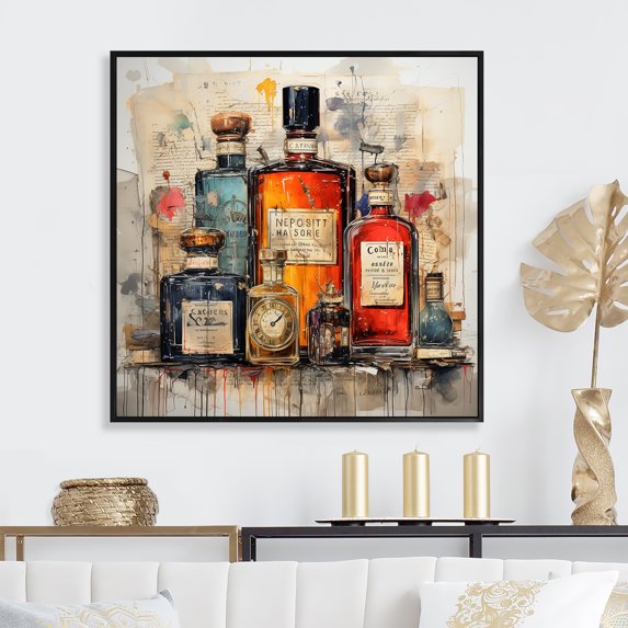 Designart "Vintage Scented Elegance Perfumes II" Fashion Framed Wall Art - Modern Orange Perfumes Entryway Framed Wall Art Print