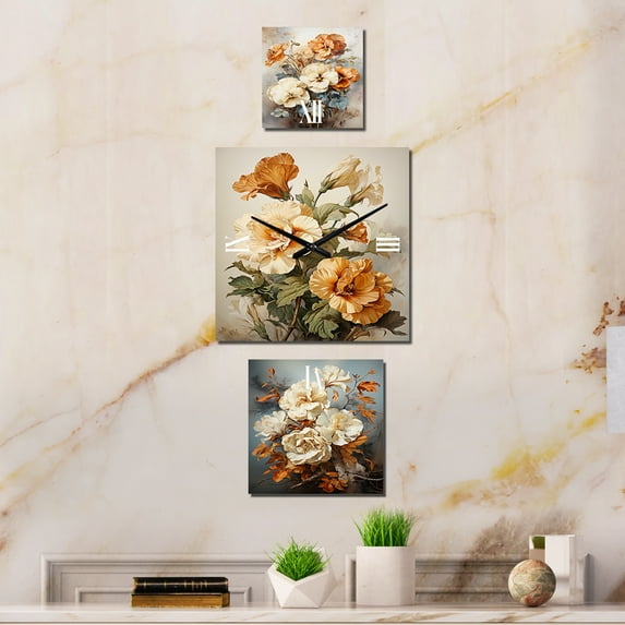 Designart "Vintage Sepia-Toned Pansies in an Embrace" Pansies Oversized Wall Clock - Set Of 3 - Extra large Clock For Office Décor - Large Traditional Wall Clock