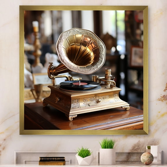 Designart "Vintage Serenade with the Phonograph" Fashion Framed Wall Art Decor - Glam Brown Phonographs Bedroom Framed Canvas Wall Art