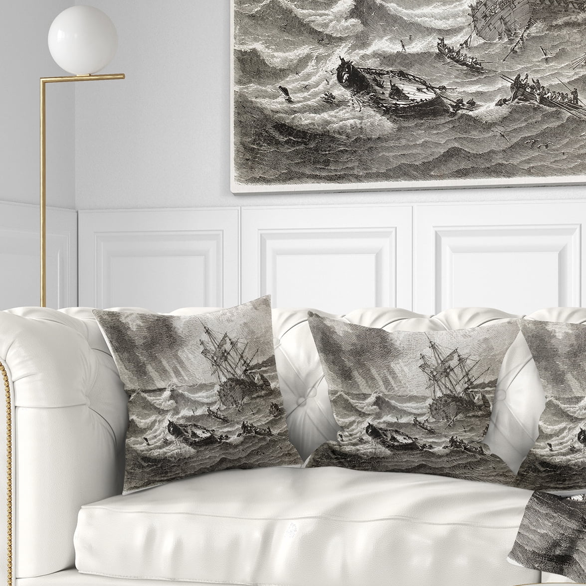 Designart Vintage Shipwreck - Seascape Throw Pillow - 18x18