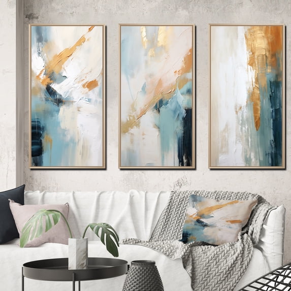 Designart "Vintage Solitude Abstract in Vintage Blue II" Abstract Painting Framed Wall Art Set Of 3 - White Modern Frame Gallery Wall Set For Home Decor