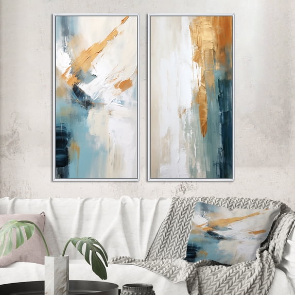 Designart "Vintage Solitude Abstract in Vintage Blue II" Abstract Painting Framed Wall Art Set Of 2 - Modern White Frame Gallery Set For Office Decor