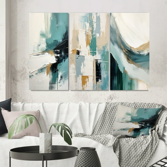 Designart "Vintage Solitude Blue Abstract Painting V" Abstract Painting Wall Art Set Of 3 - Modern White Gallery Set For Office Decor