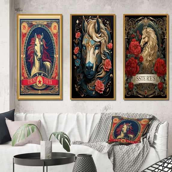 Designart "Vintage Stamp Portrait of a Horse III" Animals Horse Framed Wall Art Set Of 3 - White Horse Frame Canvas Set For Living Room Decor
