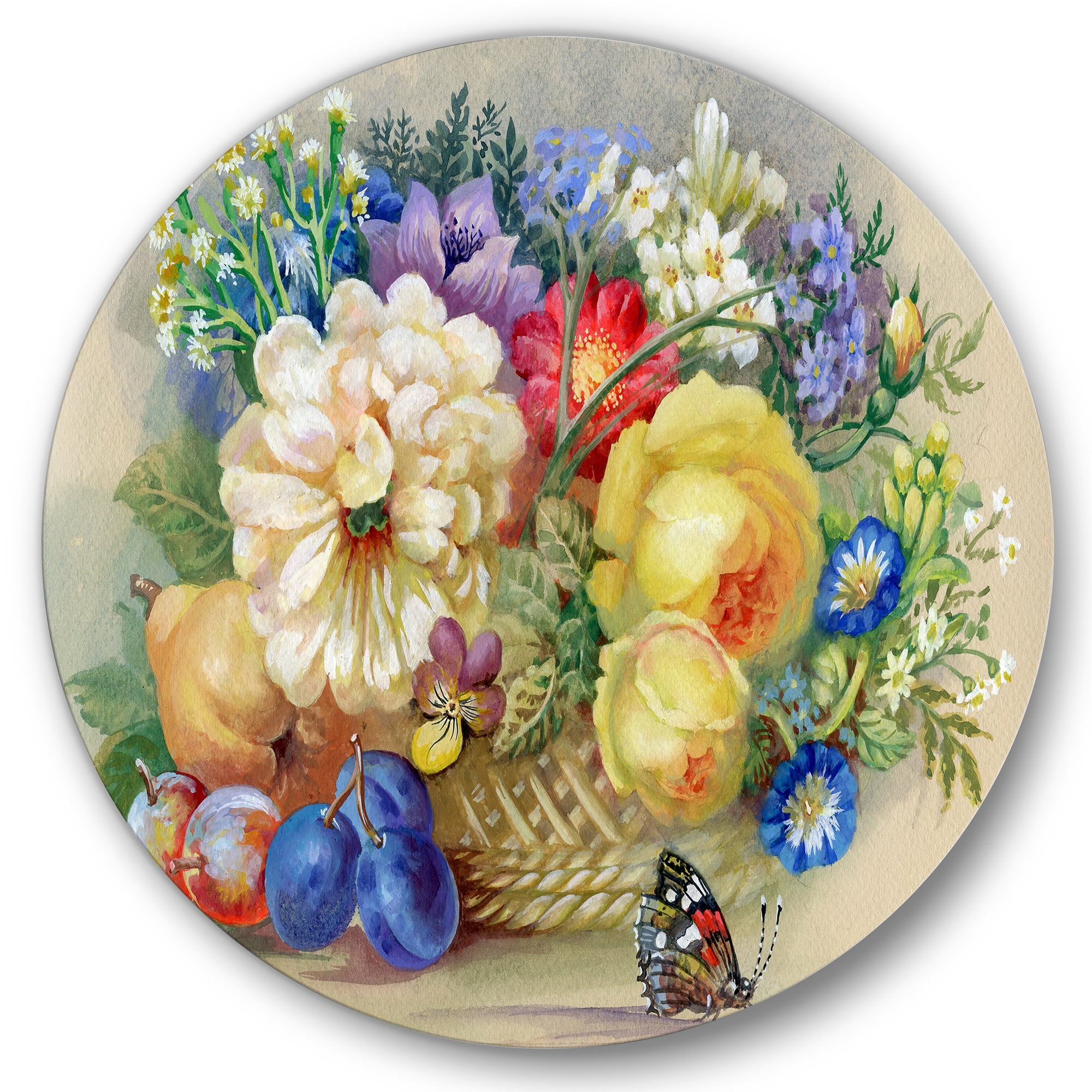 Designart 'Vintage Still Life Of White and Yellow Flowers' Traditional Circle Metal Wall Art 29x29 - Disc of 29