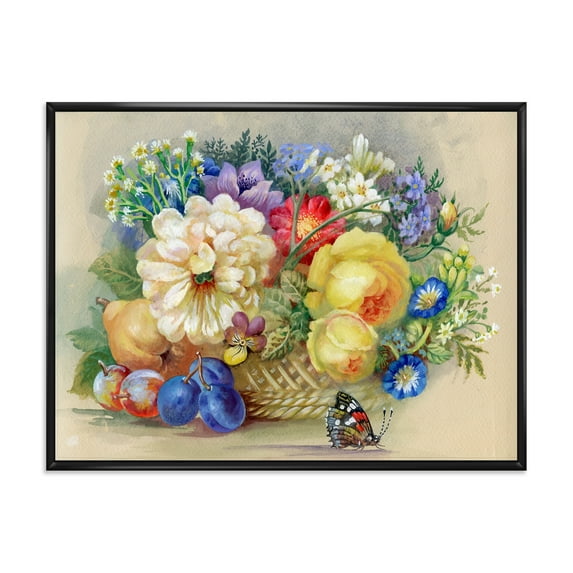 Designart 'Vintage Still Life Of White and Yellow Flowers' Traditional Framed Canvas Wall Art Print