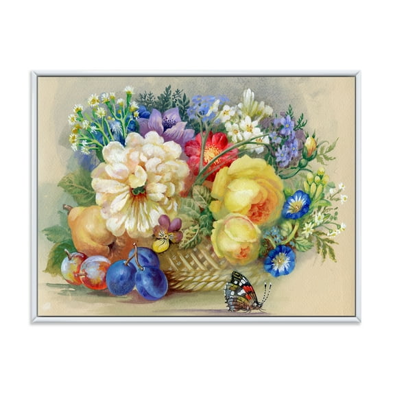 Designart 'Vintage Still Life Of White and Yellow Flowers' Traditional Framed Canvas Wall Art Print