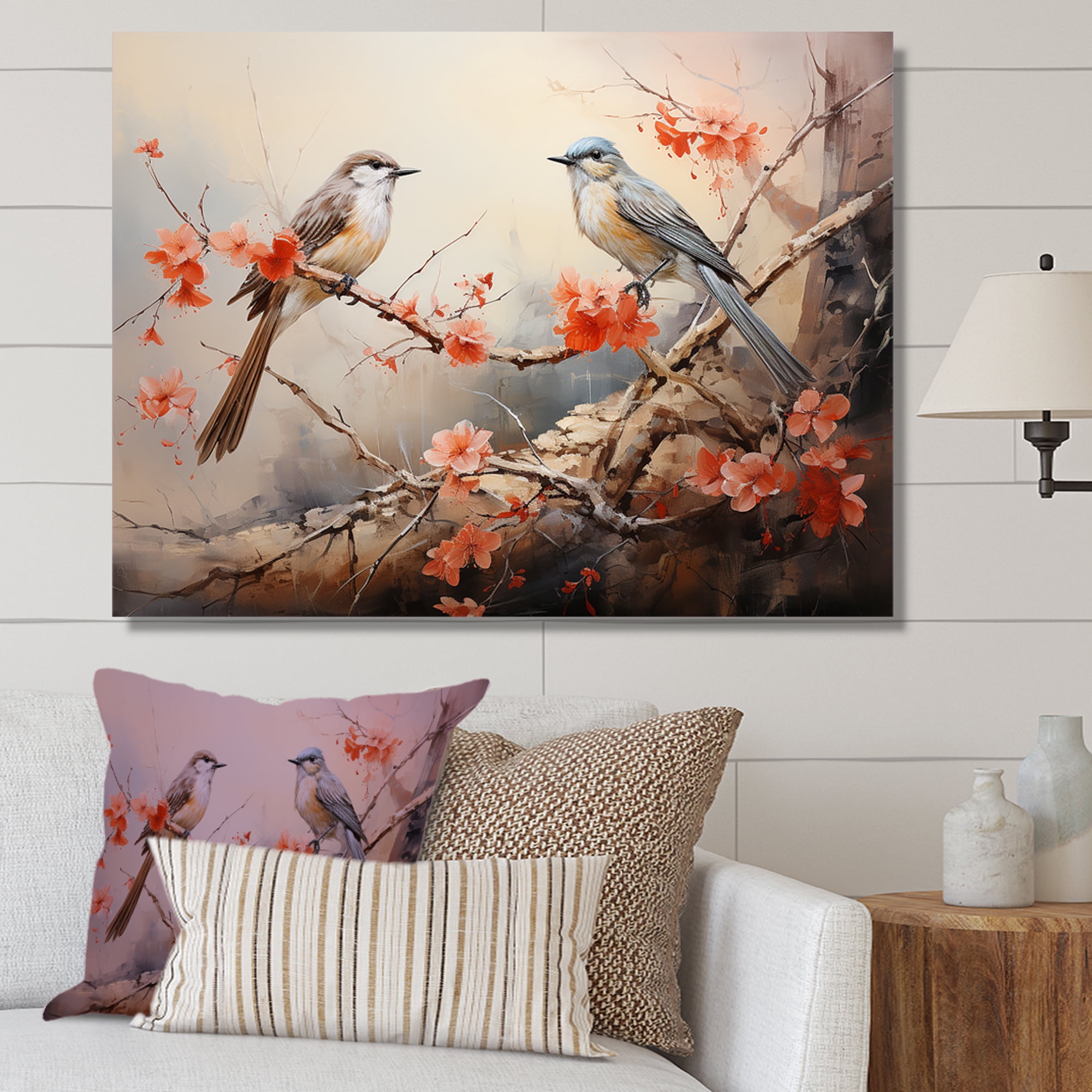 Designart "Vintage Style Birds Resting on Pink Blossom Tree" Animals ...
