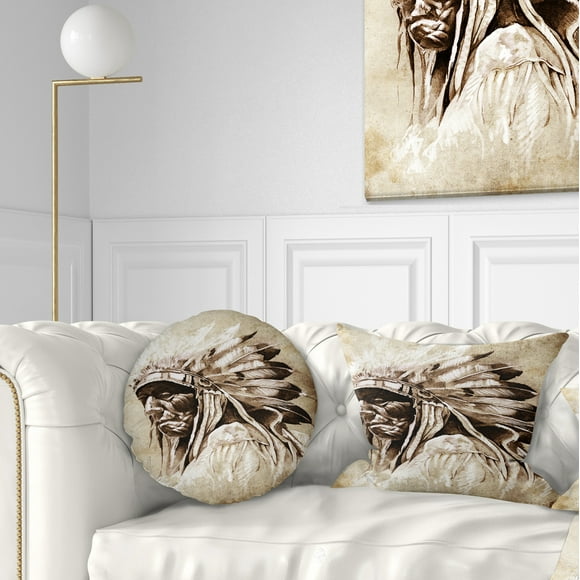 Designart Vintage Style Indian Head Tattoo - Abstract Throw Pillow - 12x20