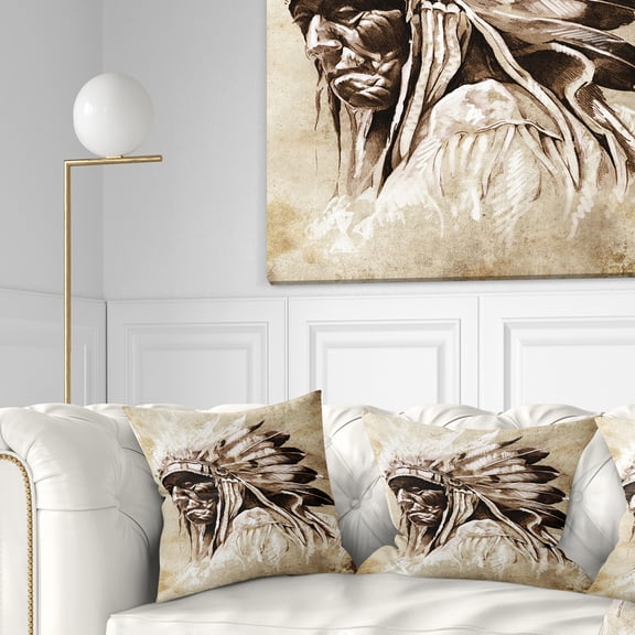 Designart Vintage Style Indian Head Tattoo - Abstract Throw Pillow - 16x16
