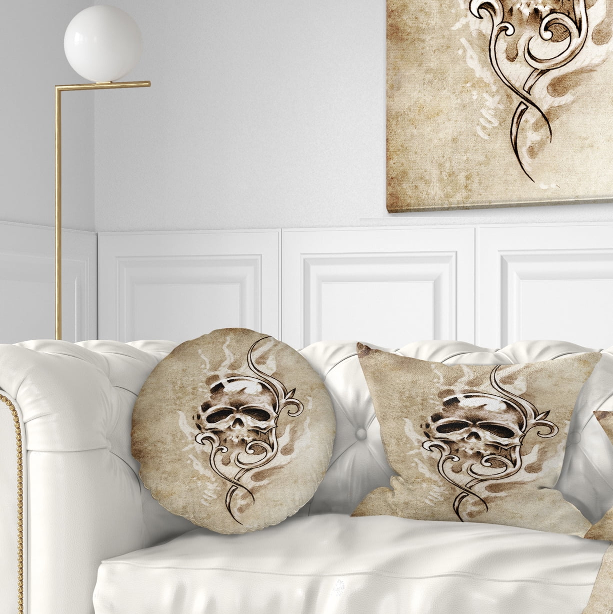 Designart Vintage Style Skull Devil Tattoo - Abstract Throw Pillow - 12x20