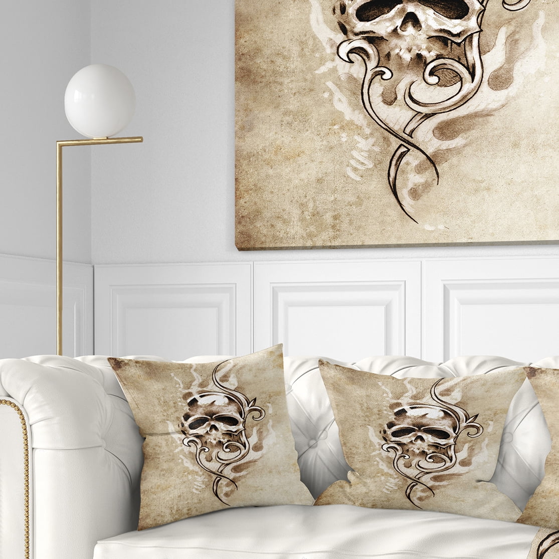 Designart Vintage Style Skull Devil Tattoo - Abstract Throw Pillow - 18x18