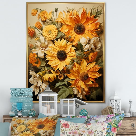 Designart "Vintage Sunflowers Basking In Sunshine I" Sunflowers Floater Framed Canvas Art Print