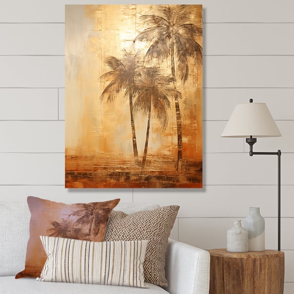 Designart "Vintage Sunset Bronze Beach Getaway With Palm Trees" Palms & Palm Trees Wall Decor