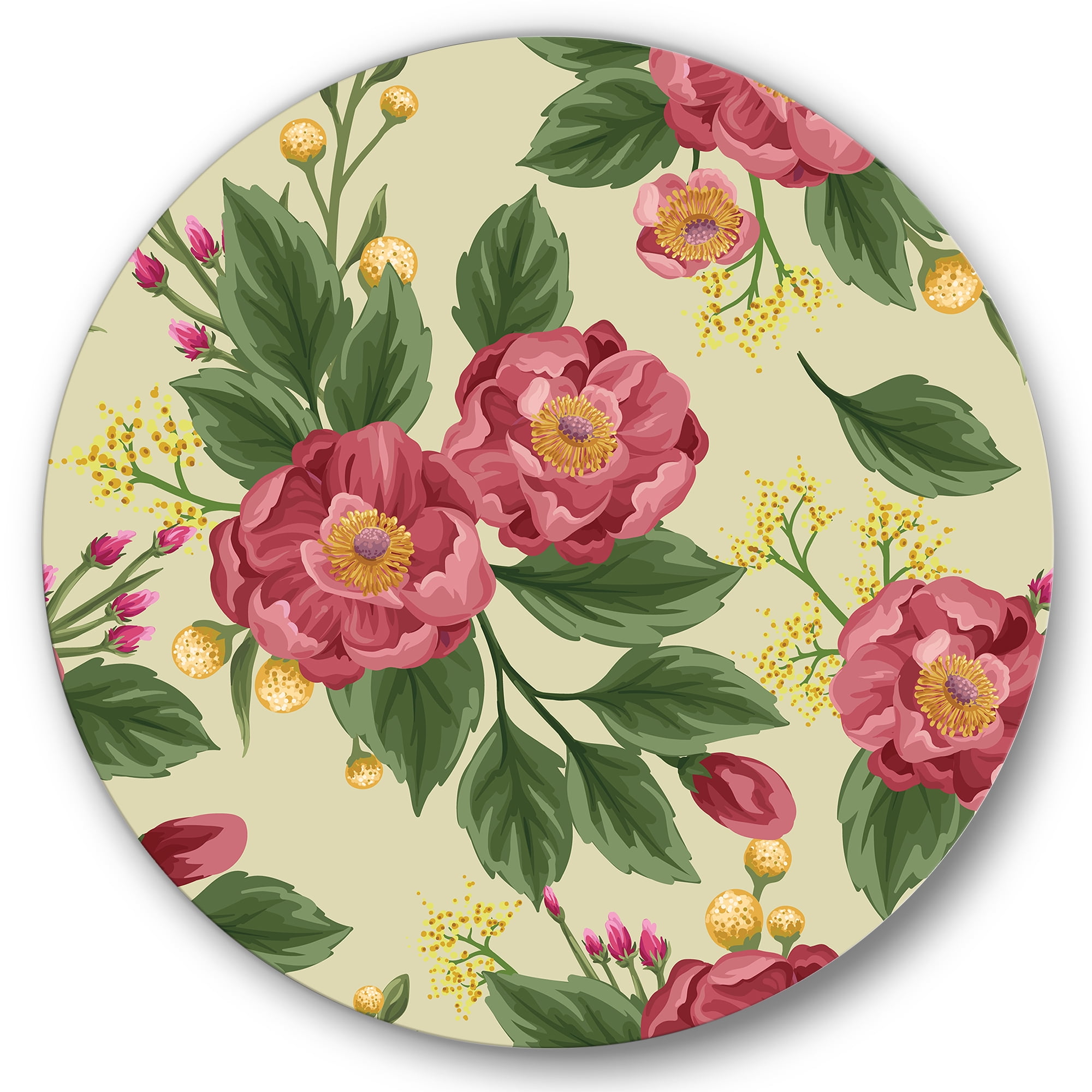 Designart 'Vintage Sweet Peas and Peonies On Beige' Traditional Circle Metal Wall Art 29x29 - Disc of 29