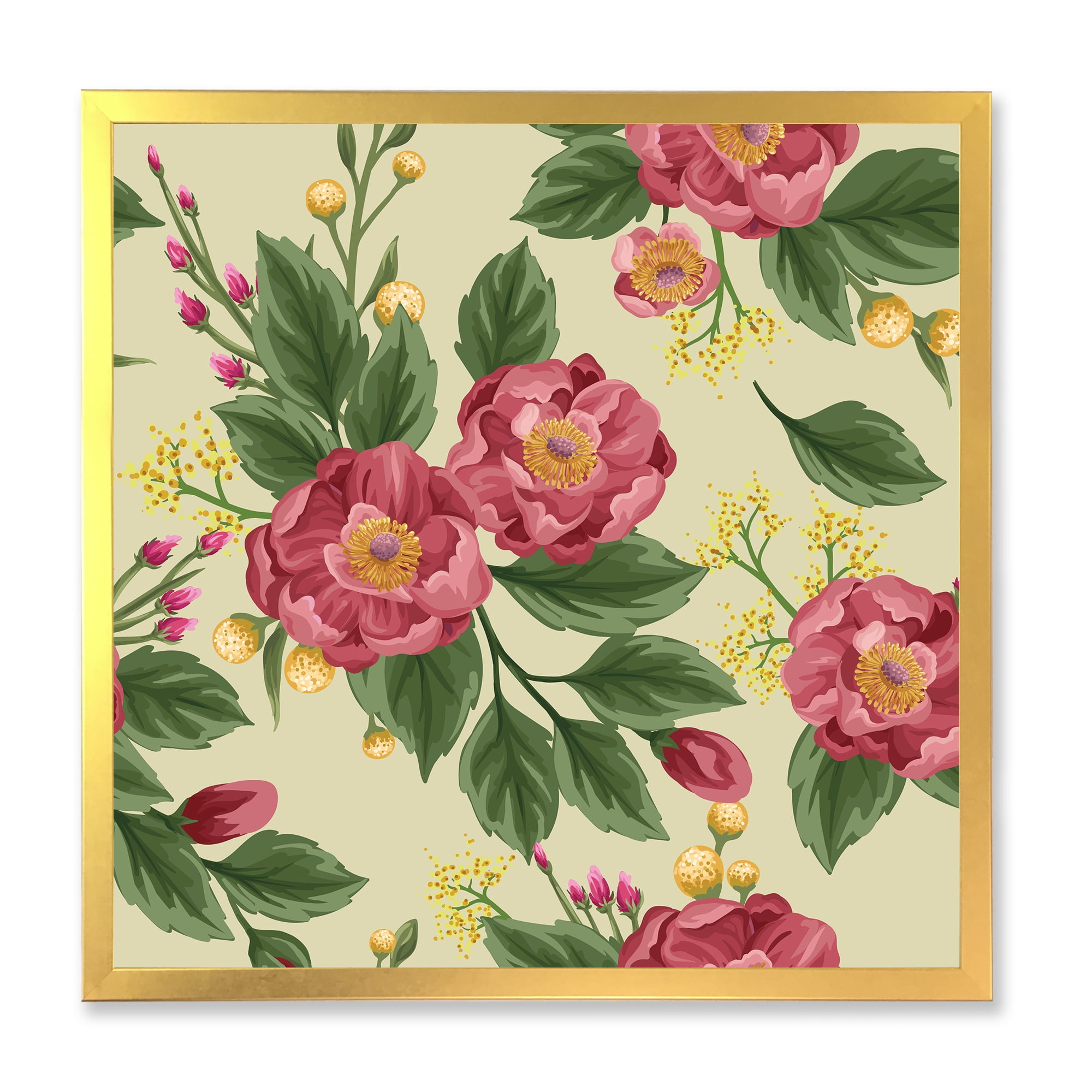 Designart 'Vintage Sweet Peas and Peonies On Beige' Traditional Framed Art Print