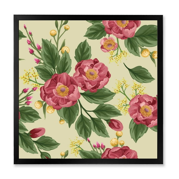 Designart 'Vintage Sweet Peas and Peonies On Beige' Traditional Framed Art Print