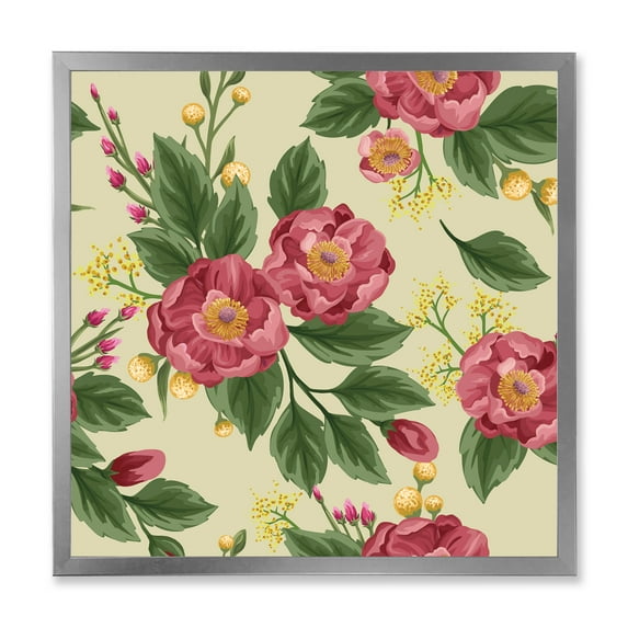 Designart 'Vintage Sweet Peas and Peonies On Beige' Traditional Framed Art Print