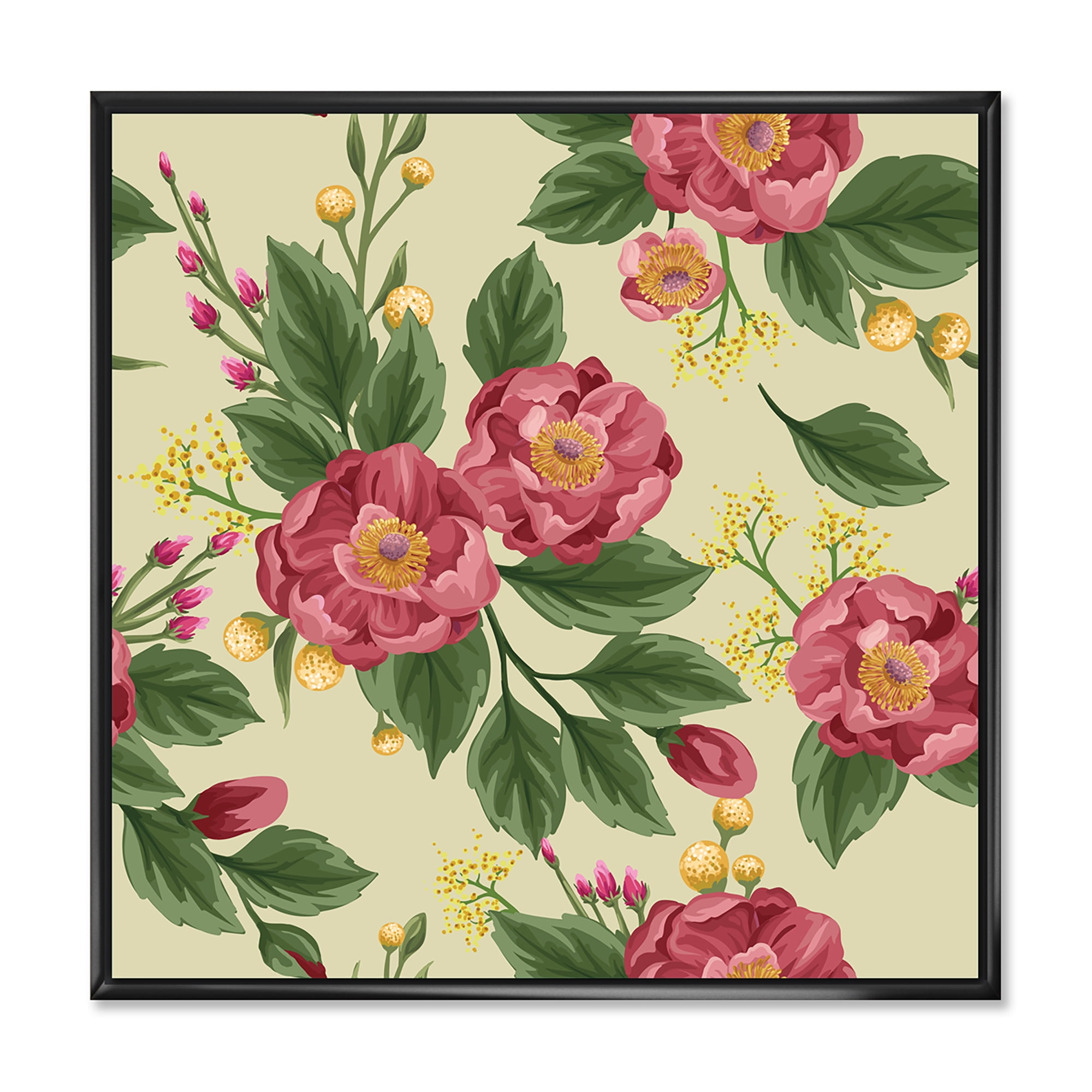 Designart 'Vintage Sweet Peas and Peonies On Beige' Traditional Framed Canvas Wall Art Print